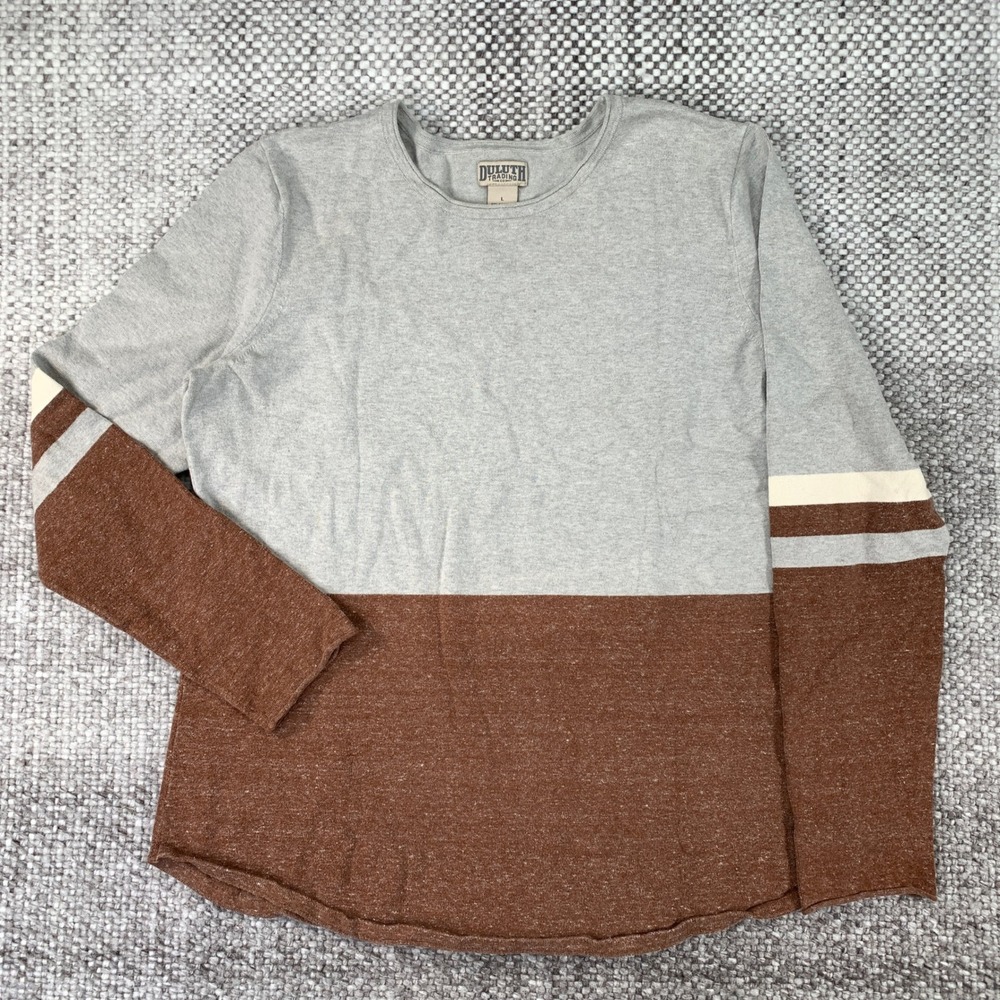 Duluth Trading Co Sweater Womens L Gray Brown Colorblock Cotton Blend Crew Neck